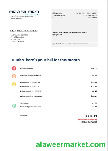 Brazil Braziliero Telecom business telecommunication bill Word and PDF template